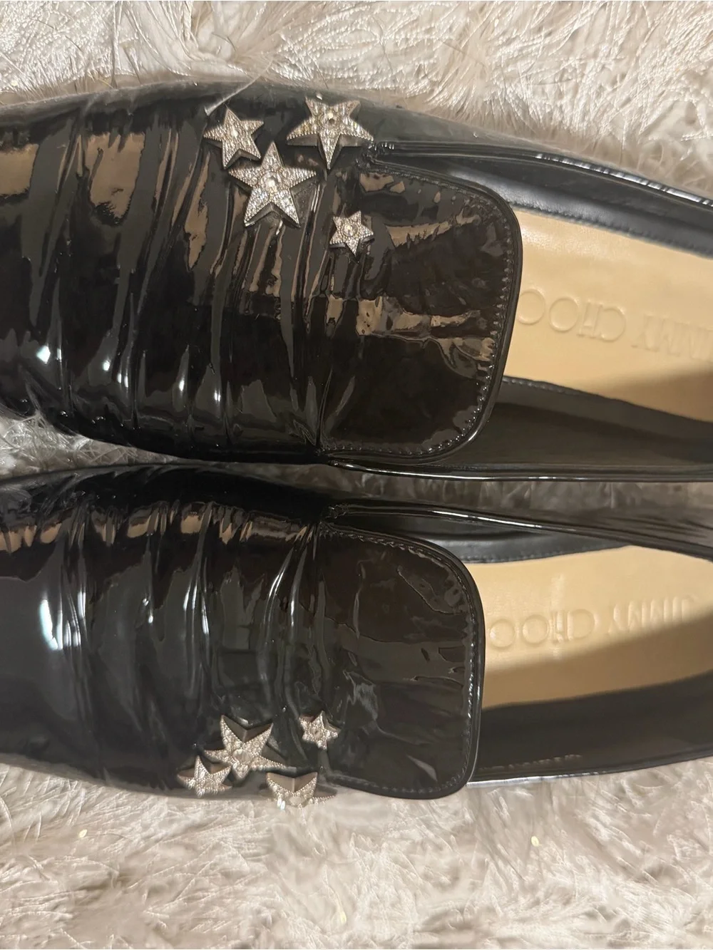 Jimmy Choo Black Patent Loafers with Silver Crystal Stars